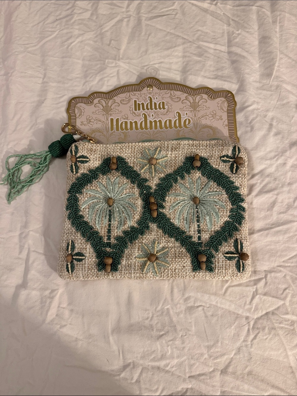 India Handmade Embroidered Beaded Pouch in Teal and Cream